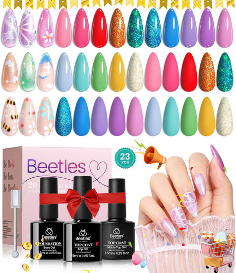 Picture of Beetles Neon Gel Nail Polish Set 23 Pcs, Cat Eye Rainbow Nails Glitter Pastel Bright Red Green Pink Sparkle Effect Soak Off UV Gel with Base Top Coat Summer Manicure Kit, Gifts for Women Girls