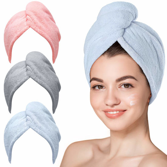 Picture of Hicober Microfiber Hair Towel, 3 Packs Hair Turbans for Wet Hair, Drying Hair Wrap Towels for Curly Hair Women Anti Frizz (Blue,Grey,Pink)