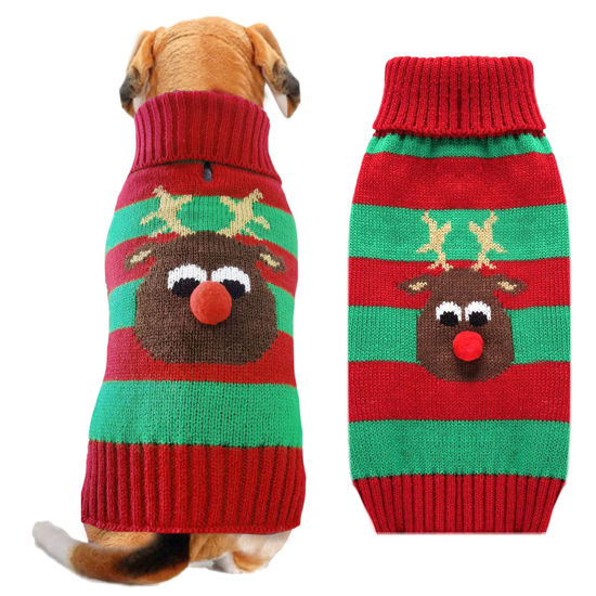 Picture of DOGGYZSTYLE Dog Cat Christmas Sweater Boy Girl Ugly Reindeer Xmas Pet Clothes Holiday Puppy Costume New Year Gifts for Small Medium Large Dogs Outfits (XXL, Red Green Stripe Reindeer)