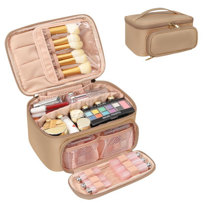 Picture of OCHEAL Makeup Bag, Multifunctional Make Up Bags Large Compact Makeup Bag Organizer Cosmetics Toiletry Brushes Storage Case for Women Girls Makeup Case with Handle Divider-Beige Apricot