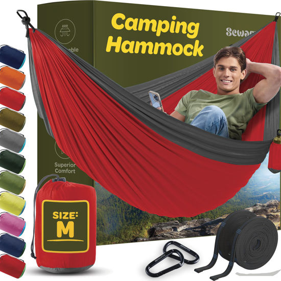 Picture of Durable Hammock 400 lb Capacity, Nylon Camping Hammock Chair - Double or Single Sizes w/Tree Straps and Attached Carry Bag - Portable for Travel/Backpacking/Beach/Backyard (Medium, Red & Dark Grey)