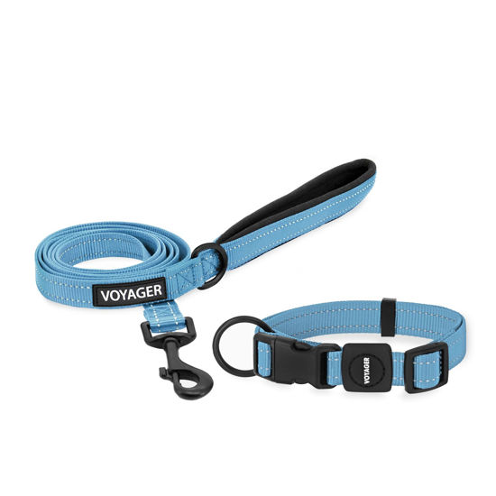 Picture of Voyager Reflective Dog Leash Collar Set with Neoprene Handle Supports Small, Medium, and Large Breed Puppies, Cute and Heavy Duty for Walking, Running, and Training - Baby Blue, M