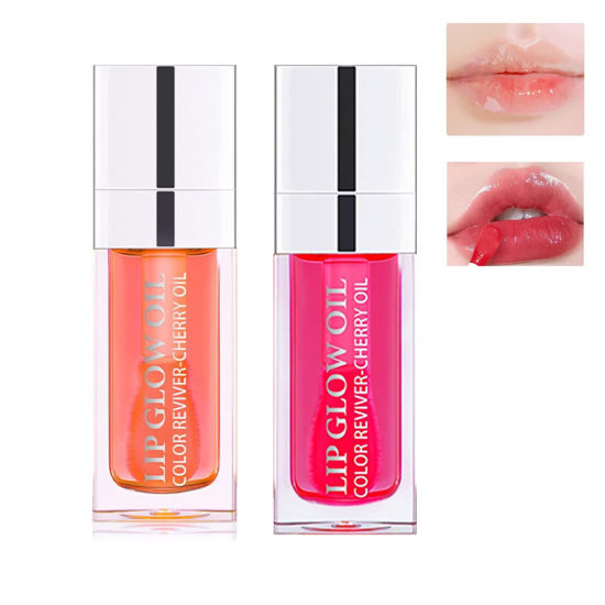 Picture of Plumping Lip Oil, Hydrating Lip Gloss Tinted Lip Balm Lip Care Transparent Toot Lip Oil, Long Lasting Nourishing Lip Glow Oil Non-sticky Big Brush Head Glitter Shine Primer Lip Tint (2pcs-Raspberry+Pink)