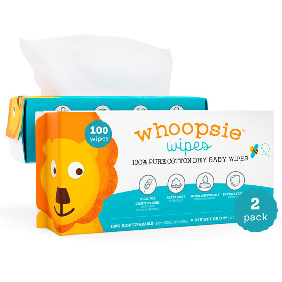 Picture of 100% Pure Cotton Dry Wipes | 200 Count | Use Wet or Dry | Soft & Sensitive | Hypoallergenic | Extra Strong & Absorbent | Perfect for Diaper Changes, Runny Noses, Drool, Meal Time & Nursing