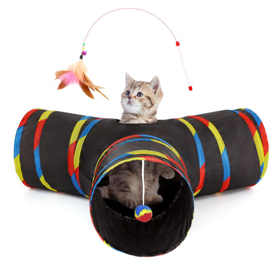 Picture of Tempcore Pet Cat Tunnel Tube Cat Toys 3 Way Collapsible, Cat Tunnels for Indoor Cats，Kitty Tunnel Bored Cat Pet Toys Peek Hole Toy Ball Cat, Puppy, Kitty, Kitten, Rabbit Black & Rainbow