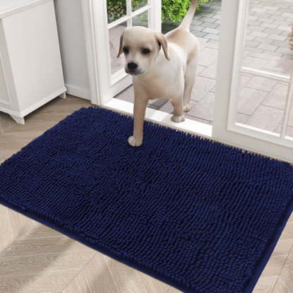 Picture of OLANLY Dog Door Mat for Muddy Paws 30x20, Absorbs Moisture and Dirt, Absorbent Non-Slip Washable Mat, Quick Dry Chenille, Mud Mat for Dogs, Entry Indoor Door Mat for Inside Floor, Navy Blue