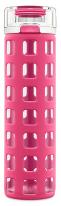 Picture of Ello Syndicate Glass Water Bottle with One-Touch Flip Lid and Protective Silicone Sleeve and Carry Loop, BPA Free, Dishwasher Safe, Pink, 20oz