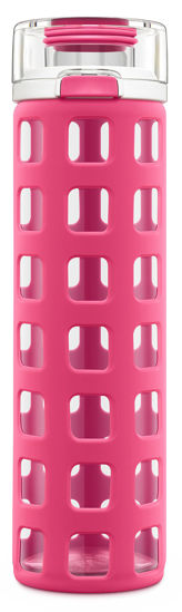 Picture of Ello Syndicate Glass Water Bottle with One-Touch Flip Lid and Protective Silicone Sleeve and Carry Loop, BPA Free, Dishwasher Safe, Pink, 20oz