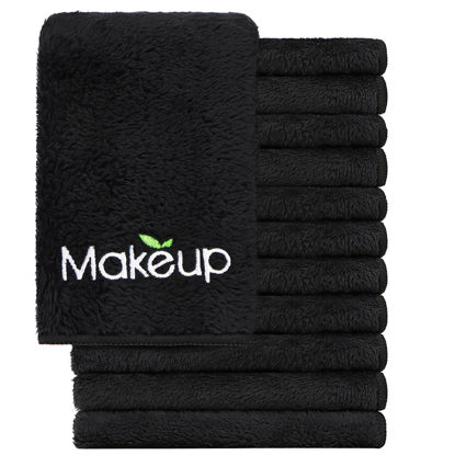 Picture of Orighty 12 Pack Premium Makeup Remover Wash Cloths - Super Soft, Quick Dry Microfiber Coral Fleece Face Makeup Towels for Cleansing, 13 x 13 Inch, Black