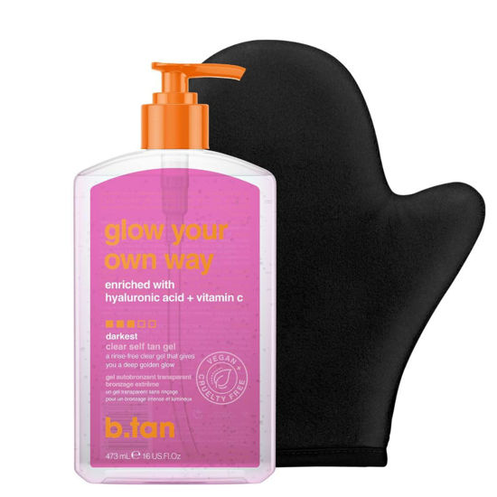 Picture of b.tan Best Clear Self Tanning Gel with Mitt Kit | Glow Your Own Way Bundle - Quick Express Tanner Gel for Face and Body with Applicator, Transfer-Proof, 16 Fl Oz