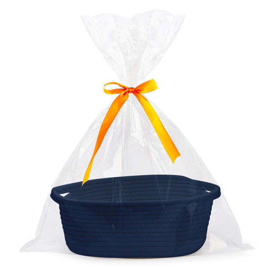 Picture of Pro Goleem Small Woven Basket with Gift Bags and Ribbons Durable Baskets for Gifts Empty Small Rope Basket for Storage 12"X 8" X 5" Baby Toy Basket with Handles, Navy Blue