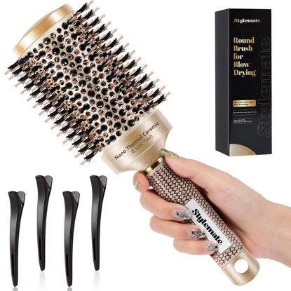 Picture of STYLEMATE Round Brush for Blow Out, Nano Thermal Ceramic & Ionic Tech, 2.1 Inch Barrel, Boar Bristles, Roller Brush for Blow Drying and Styling, Gold, Hair Brush for All Hair Types