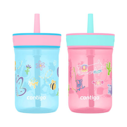 Picture of Contigo Kids’ Leighton Straw Tumbler with Spill-Proof Lid, 14oz., 2 Pack, Blue Raspberry & Azalea