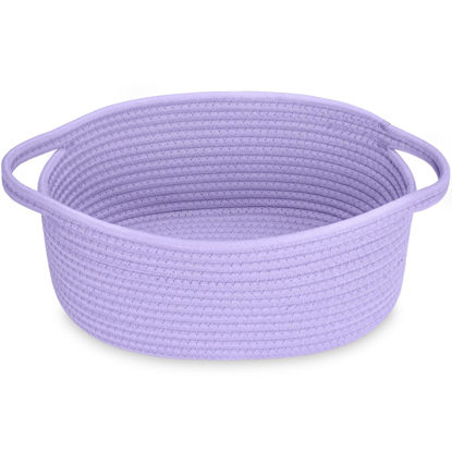 Picture of ABenkle Small Woven Basket, 12"x 8" x 5" Cute Small Basket, Rope Room Shelf Storage Basket, Cat Dog Toys Basket Chest Box, Empty Decorative Gift Basket with Handles -Purple