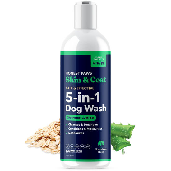 Picture of Honest Paws Dog Shampoo and Conditioner - 5-in-1 for Allergies and Dry, Itchy, Moisturizing for Sensitive Skin - Sulfate Free, Plant Based, All Natural - Oatmeal & Aloe -16 Fl Oz