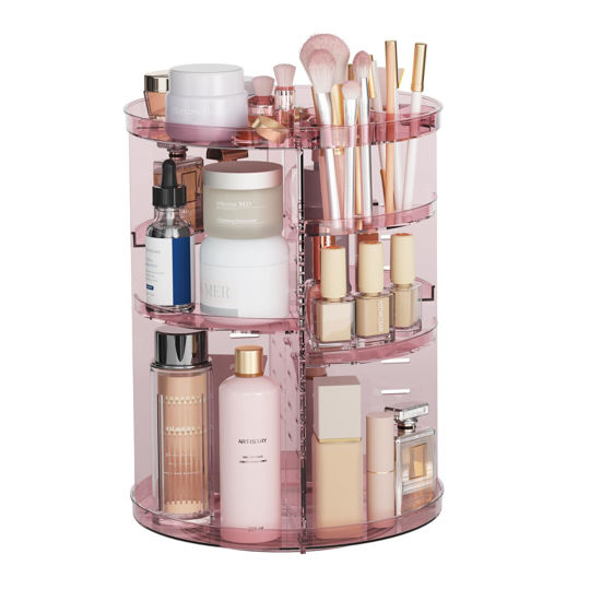 Picture of Rotating Makeup Organizer, DIY 8 Adjustable Layers 360 Spinning Skincare Organizers, Makeup Storage Carousel Tower with Brush Holder & Perfume Trays, Cosmetic Display Case for Vanity Bathroom