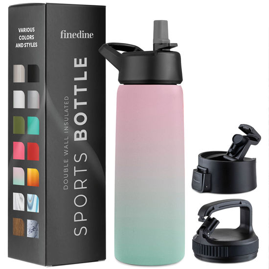 Picture of FineDine Triple Walled, Insulated Water Bottles with Straw - 25 Oz Stainless Steel Metal Bottle W/ 3 Leak Proof Lids - For Travel, School, Sports, Gym / Men, Women & Kids - Dreamy Pink-Green