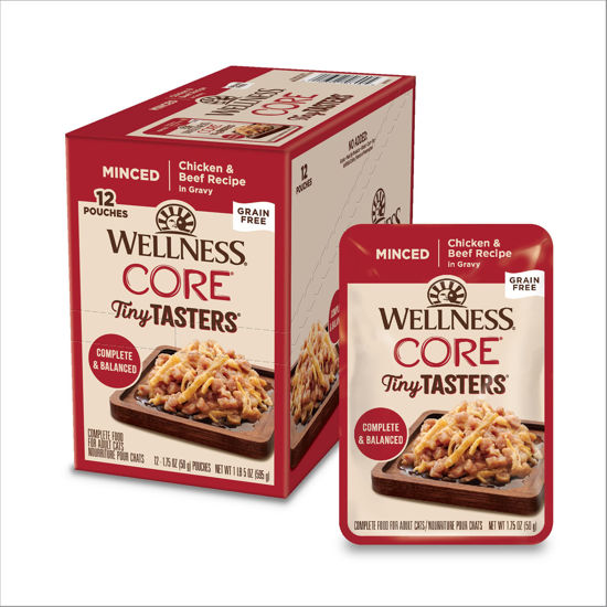 Picture of Wellness CORE Tiny Tasters Wet Cat Food, Complete & Balanced Natural Pet Food, Made with Real Meat, 1.75-Ounce Pouch, 12 Pack (Adult Cat, Minced Chicken & Beef in Gravy)