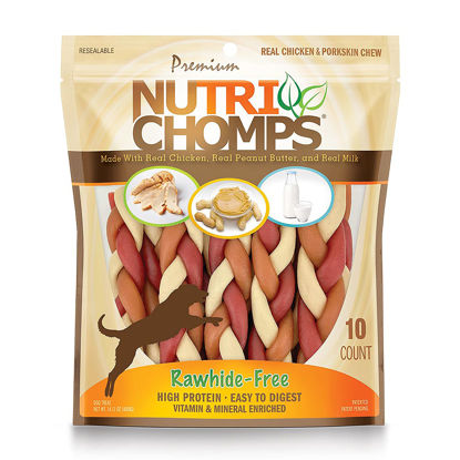 Picture of NutriChomps Dog Chews, 6-inch Braids, Easy to Digest, Rawhide-Free Dog Treats, Healthy, 10 Count, Real Chicken, Peanut Butter and Milk flavors