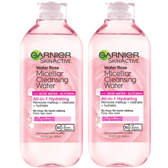 Picture of Garnier Micellar Water with Rose Water and Glycerin, Hydrating Facial Cleanser & Makeup Remover, For All Skin Types, Vegan, Cruelty Free, 13.5 Fl Oz (400mL), 2 Count