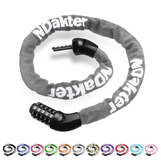 Picture of NDakter Bike Chain Lock, 5-Digit Combination Anti-Theft Bicycle Lock, 3.2/4.27 feet Long Security Resettable Bike Locks Heavy Duty for Bike, Motorcycle, Bicycle, Door, Gate, Fence, Grill, Gray