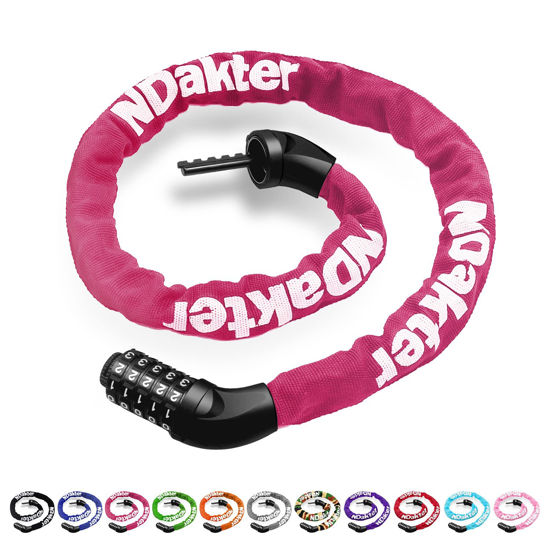 Picture of NDakter Bike Chain Lock, 5-Digit Combination Anti-Theft Bicycle Lock, 3.2/4.27 feet Long Security Resettable Bike Locks Heavy Duty for Bike, Motorcycle, Bicycle, Door, Gate, Fence, Grill, Pink