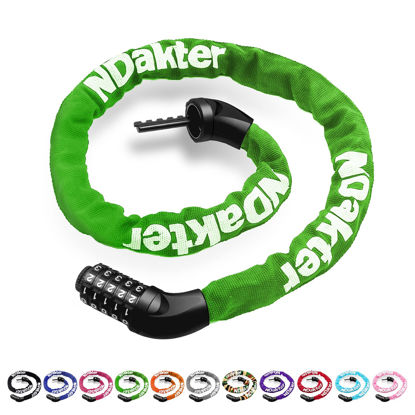 Picture of NDakter Bike Chain Lock, 5-Digit Combination Anti-Theft Bicycle Lock, 3.2/4.27 feet Long Security Resettable Bike Locks Heavy Duty for Bike, Motorcycle, Bicycle, Door, Gate, Fence, Grill, Green