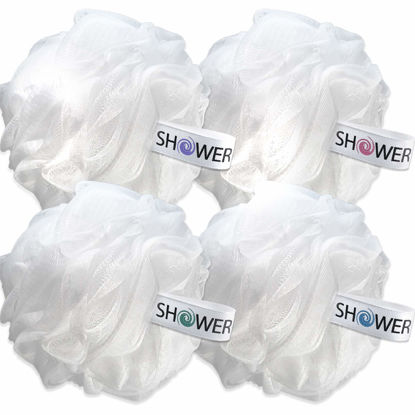 Picture of SHOWER BOUQUET Loofah Soft-White-Cloud Bath-Sponge XL-75g-Set 4 Pack, Extra Large Mesh Pouf for Men and Women - Exfoliate with Big Gentle Cleanse Scrubber in Beauty Bathing Accessories