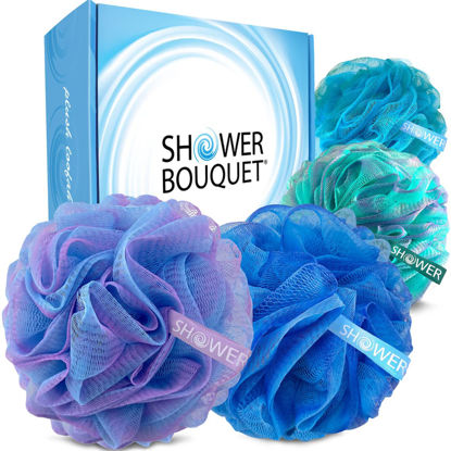 Picture of SHOWER BOUQUET Loofah Bath-Sponge Swirl-Deep-Set-XL-75g Extra Large 4 Pack, Soft Mesh Net Luffa Loofa Loufa Puff - Exfoliating Body Scrubber for Women and Men: Soothing Face & Body Exfoliator