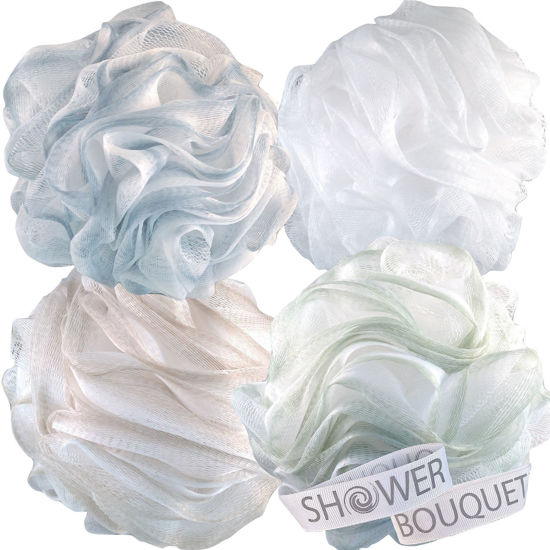 Picture of SHOWER BOUQUET Loofah-Bath-Sponge XL-75g-Soft-Set 4-Pack-Pastel-Colors - Extra-Large Mesh Pouf Scrubber for Men and Women - Exfoliate with Big Lathering Cleanse