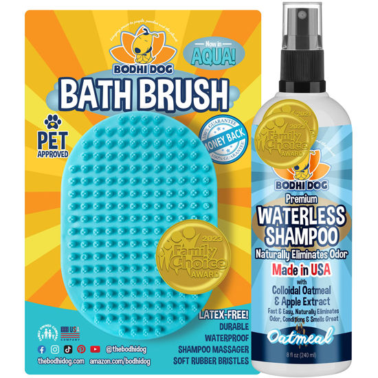 Picture of Bodhi Dog Shampoo Brush | Pet Shower & Bath Supplies for Cats & Dogs | Professional Quality Dog Grooming Bath Brush | Long & Short Hair Dog Scrubber (Waterless Shampoo+Brush Bundle, Aqua)