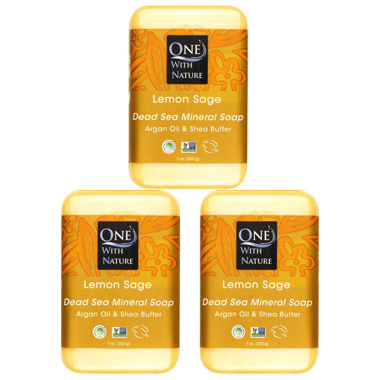 Picture of One With Nature Dead Sea Mineral Salt Lemon Sage 7oz Soap 3Pk, Argan Oil & Shea Butter - Dead Sea Salt Contains Magnesium, Sulfur & 21 Essential Minerals - All Skin Types, Acne, Eczema, Fragrance Free