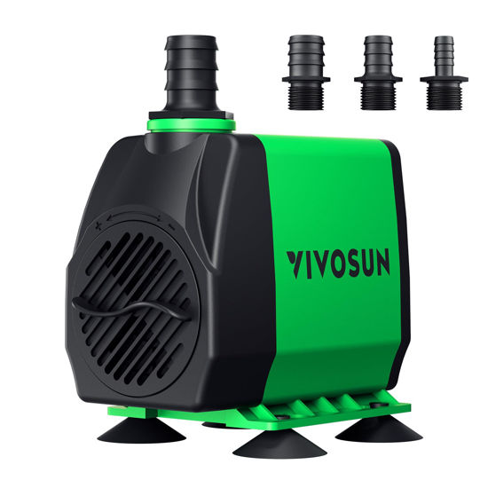 Picture of VIVOSUN 800GPH Submersible Pump(3000L/H, 24W), Ultra Quiet Water Fountain Pump with 10ft. High Lift with 6.5ft. Power Cord, 3 Nozzles for Fish Tank, Pond, Aquarium, Statuary, Hydroponics Green