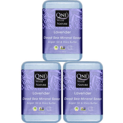 Picture of One With Nature Dead Sea Salt Lavender Soap 7oz Bars 3Pack - Dead Sea Salt Contains Magnesium, Sulfur & 21 Essential Minerals - Ideal for All Skin - Shea Butter, Argan Oil Enriches, Natural Fragrance