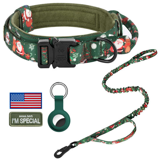 Picture of DAGANXI Tactical Dog Collar, Adjustable Military Training Nylon Dog Collar with Control Handle and Heavy Metal Buckle for Medium and Large Dogs, with Patches and Airtags Case (M, Christmas Green-Set)