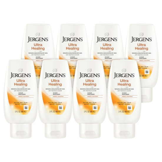 Picture of Jergens Ultra Healing Moisturizer for Dry Skin, Hand and Body Lotion, with Hydralucence Blend, Vitamins C, E and B5, 3 Oz, Pack of 8