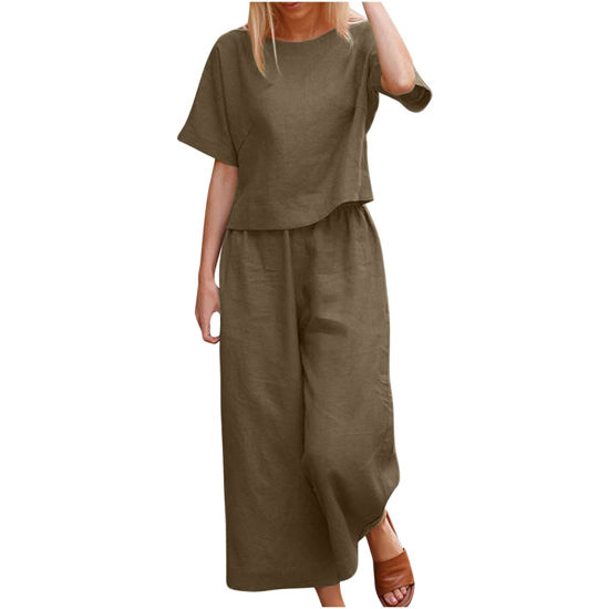 Picture of My Orders Summer Outfits for Women 2 Piece Cotton Linen Set Boyfriend Oversized T Shirts Straight Leg Pant Plus Size Tracksuit