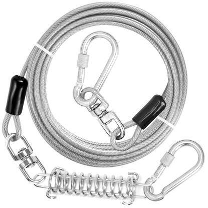 Picture of jenico Dog Tie Out Cable, 10/15/20/30/40/50/70/100/150FT Dog Runner Cable with Swivel Hook and Shock Spring, Dog Leash Run Tether for Yard Outdoor and Camping,for Small to Medium Pets Up to 500 LBS