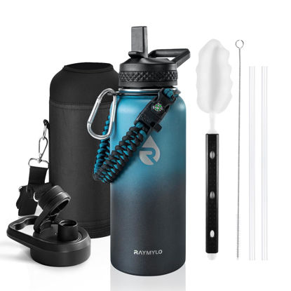 Picture of RAYMYLO Insulated Water Bottle 32 oz, Triple Wall Vacuum Stainless Steel (Cold for 48 Hrs, Hot for 24Hrs), Leak Proof & Non-BPA, 32oz Hydro Water Flask with Paracord Handle & Straw Spout Lids