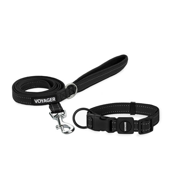 Picture of Voyager Reflective Dog Leash Collar Set with Neoprene Handle Supports Small, Medium, and Large Breed Puppies, Cute and Heavy Duty for Walking, Running, and Training - Black, L