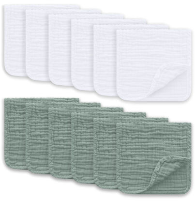 Picture of Ease Cubs Muslin Burp Cloths Large 100% Cotton Hand Washcloths for Boys & Girls, Baby Essentials Extra Absorbent and Soft Burping Rags for Newborn Registry (White & Green, 12-Pack, 20" X10")