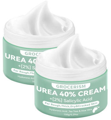 Picture of Grocerism 2 Packs Urea Cream 40% Plus 2% Salicylic Acid 5.30 oz || Foot Cream Maximum Strength with Hyaluronic Acid, Tea Tree, and Aloe Vera for Deep Moisturizes, Callus Remover and Soften