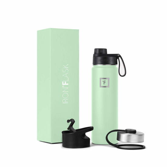 Picture of IRON °FLASK Camping & Hiking Hydration Flask, Wide Mouth, 3 Spout Lids, Stainless Steel Outdoor Water Bottle, Double Walled, Insulated Thermos, Metal Canteen - Mint, 22 Oz