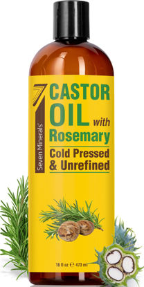 Picture of Seven Minerals Cold Pressed Castor Oil with Rosemary - 16 fl oz Bottle - Unrefined & Hexane Free - Hair Growth, Thicker Eyelashes & Eyebrows, Dry Skin Care, Joint and Muscle Pain (Pack of 1)