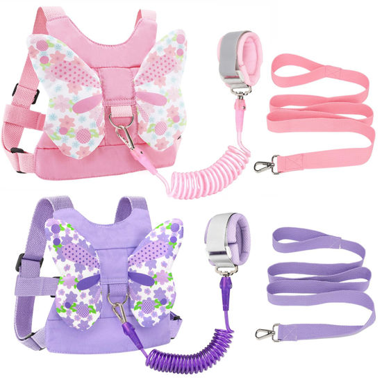 Picture of Accmor Toddler Harness Leash + Anti Lost Wrist Link, 2 Pack Cute Kids Butterfly Harness Leashes, Adorable Baby Leash Walking Assistant Wristband Strap Tether for Girls Outdoor (Pink + Purple)