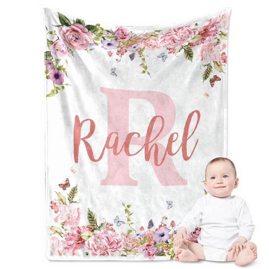 Picture of Yoke Style Personalized Baby Blankets for Girls with Names, Custom Baby Blanket Initial Swaddle Blanket, Personalized Baby Gifts for Newborn, New Mom on Baby Shower, Birthday