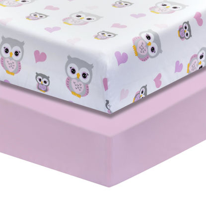 Picture of EVERYDAY KIDS 2 Pack Fitted Girls Crib Sheet, 100% Soft Breathable Cotton Baby Sheet, Fits Standard Size Crib Mattress 28in x 52in, White Nursery Sheet with Pink Owls and Hearts and a Solid Pink