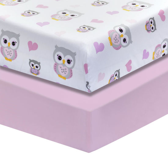 Picture of EVERYDAY KIDS 2 Pack Fitted Girls Crib Sheet, 100% Soft Breathable Cotton Baby Sheet, Fits Standard Size Crib Mattress 28in x 52in, White Nursery Sheet with Pink Owls and Hearts and a Solid Pink