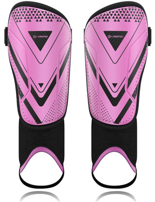 Picture of Upgraded Soccer Shin Guards for Kids Youth, CE Certified AirsFish Shin Ankle Guard Sleeves Protection Gear for Boys Girls Soccer Games EVA Cushion Reduce Shocks and Injuries (Medium, Pink)