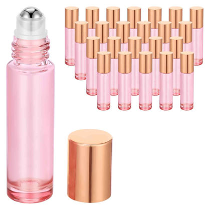 Picture of PrettyCare 10 ml Roller Bottles for Essential Oils (Rose Glass, 24 Pack, 4 Extra Roller Balls, 48 Labels, Opener, 2 Funnels, 2 Droppers Essential Oil Roller Bottles for body oil perfume